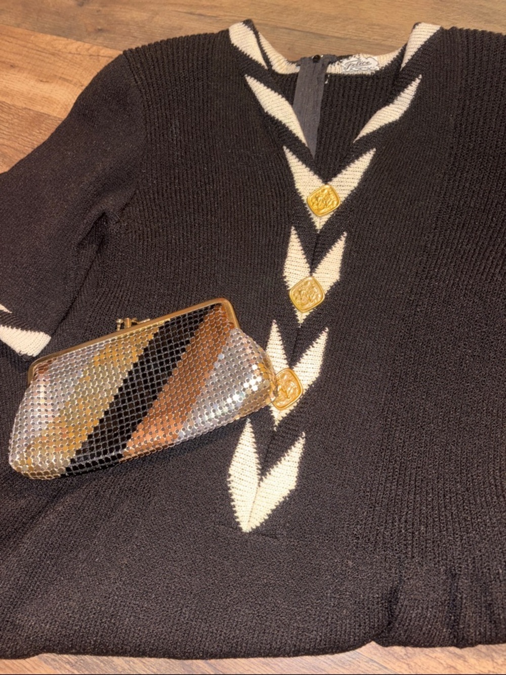 Felice Black Short-Sleeve Knit Dress with Cream Trim Gold Lion Buttons & Clutch